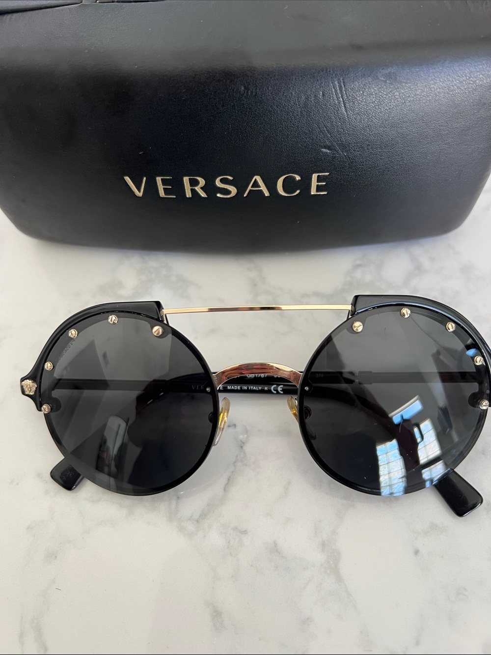 Versace Black and Gold Round Stud-Trim Sunglasses